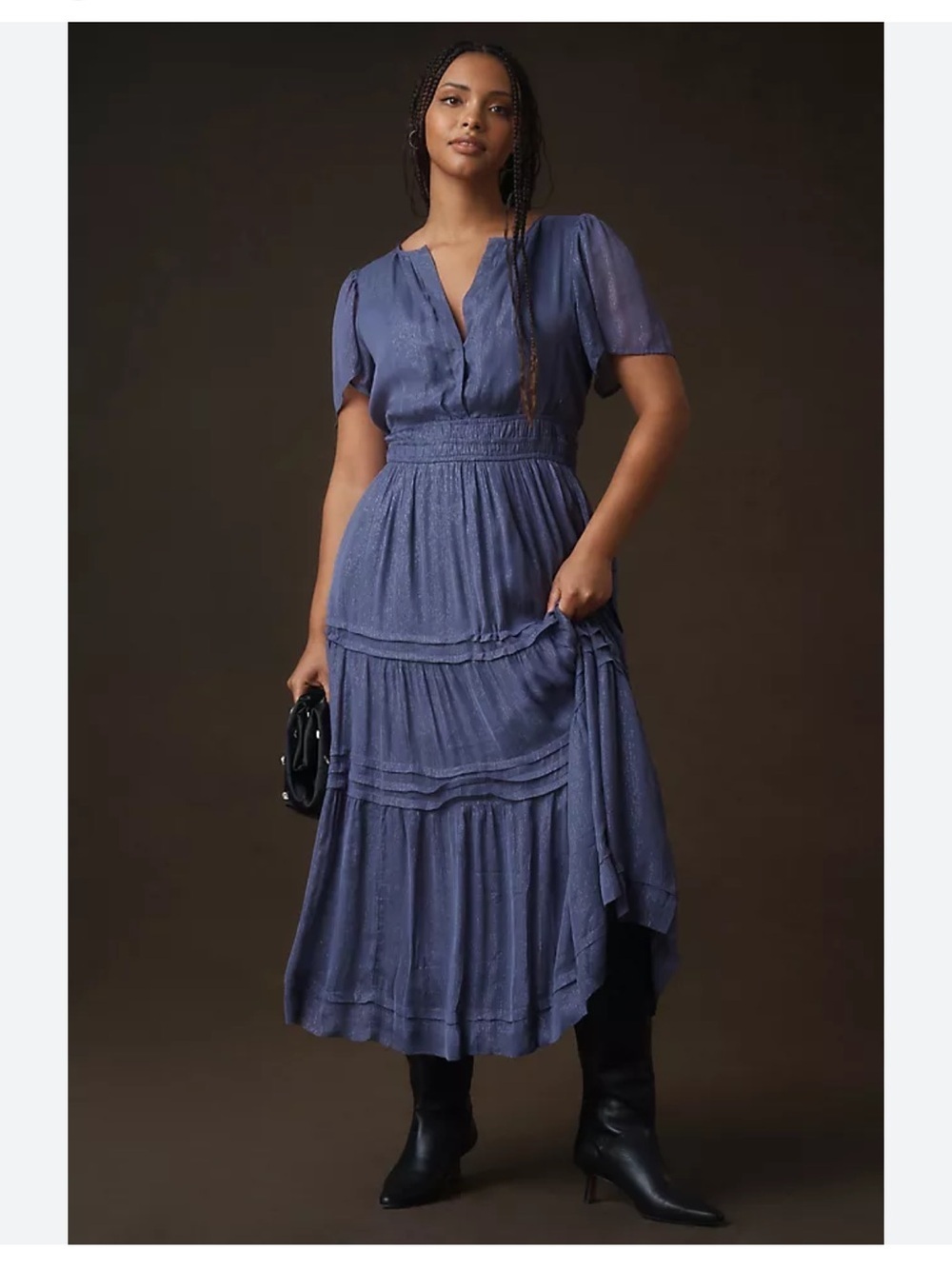 Anthropologie Sommerset Dusty Blue Tiered Maxi Dress with Flutter Sleeves M